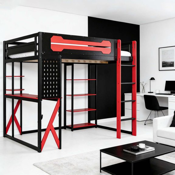 Heavy-Duty Twin High Loft Bed with Workstation & Storage Shelves, Metal Loft Bed Frame with Safety Guardrails & Ladder, Space-Saving Bed for Study Gaming