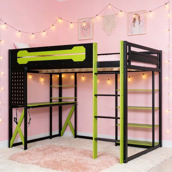 Heavy-Duty Twin High Loft Bed with Workstation & Storage Shelves, Metal Loft Bed Frame with Safety Guardrails & Ladder, Space-Saving Bed for Study Gaming