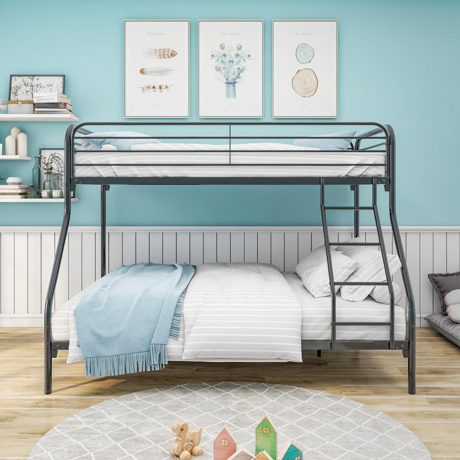 Heavy Duty Twin-Over-Full Metal Bunk Bed, Reinforced Steel Frame with Enhanced Upper-Level Guardrail & Inclined Ladder, Under Bed Storage, Easy Assembly with All Tools, Black