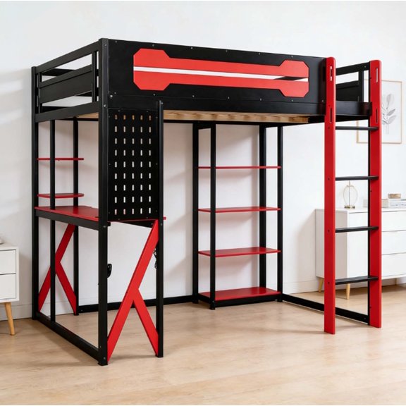 Heavy-Duty Twin Size Loft Bed with Desk & Multi-Layer Shelves, Metal High Loft Bed Frame with Ladder & Guardrails, Space-Saving Bed for Bedroom Dorm Office