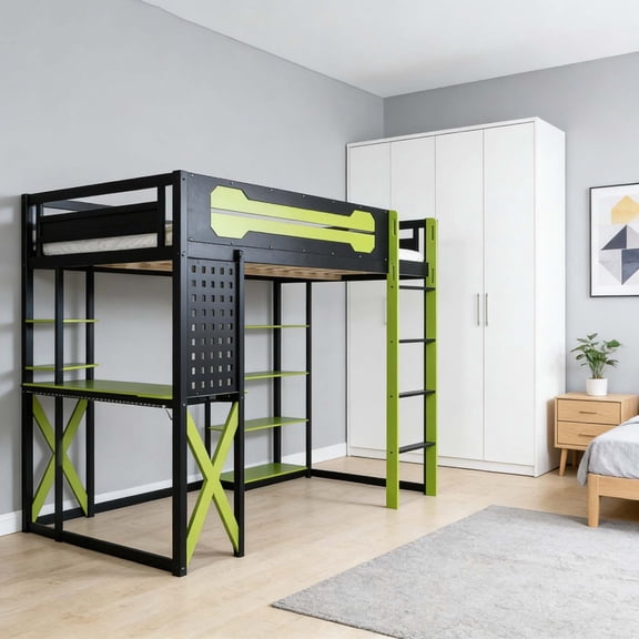 Heavy-Duty Twin Size Loft Bed with Desk & Multi-Layer Shelves, Metal High Loft Bed Frame with Ladder & Guardrails, Space-Saving Bed for Bedroom Dorm Office