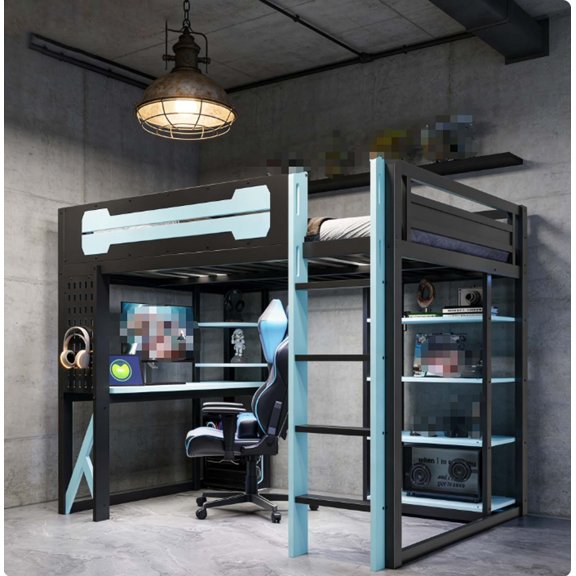 Heavy-Duty Twin Size Loft Bed with Desk & Multi-Layer Shelves, Metal High Loft Bed Frame with Ladder & Guardrails, Space-Saving Bed for Bedroom Dorm Office