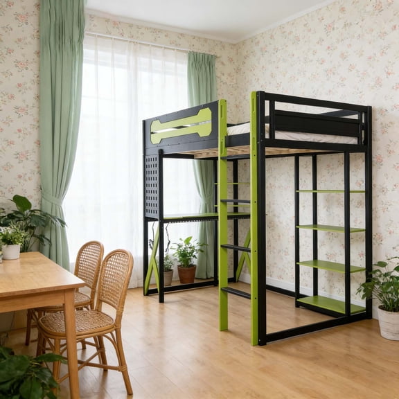 Heavy-Duty Twin Size Loft Bed with Desk & Multi-Layer Shelves, Metal High Loft Bed Frame with Ladder & Guardrails, Space-Saving Bed for Bedroom Dorm Office