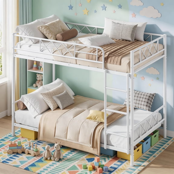 Heavy Duty Twin Over Twin Bunk Bed for Adults & Teens – Metal Frame with Stairs, Full-Length Guardrail, Metal Slats, Space-Saving, No Box Spring Needed