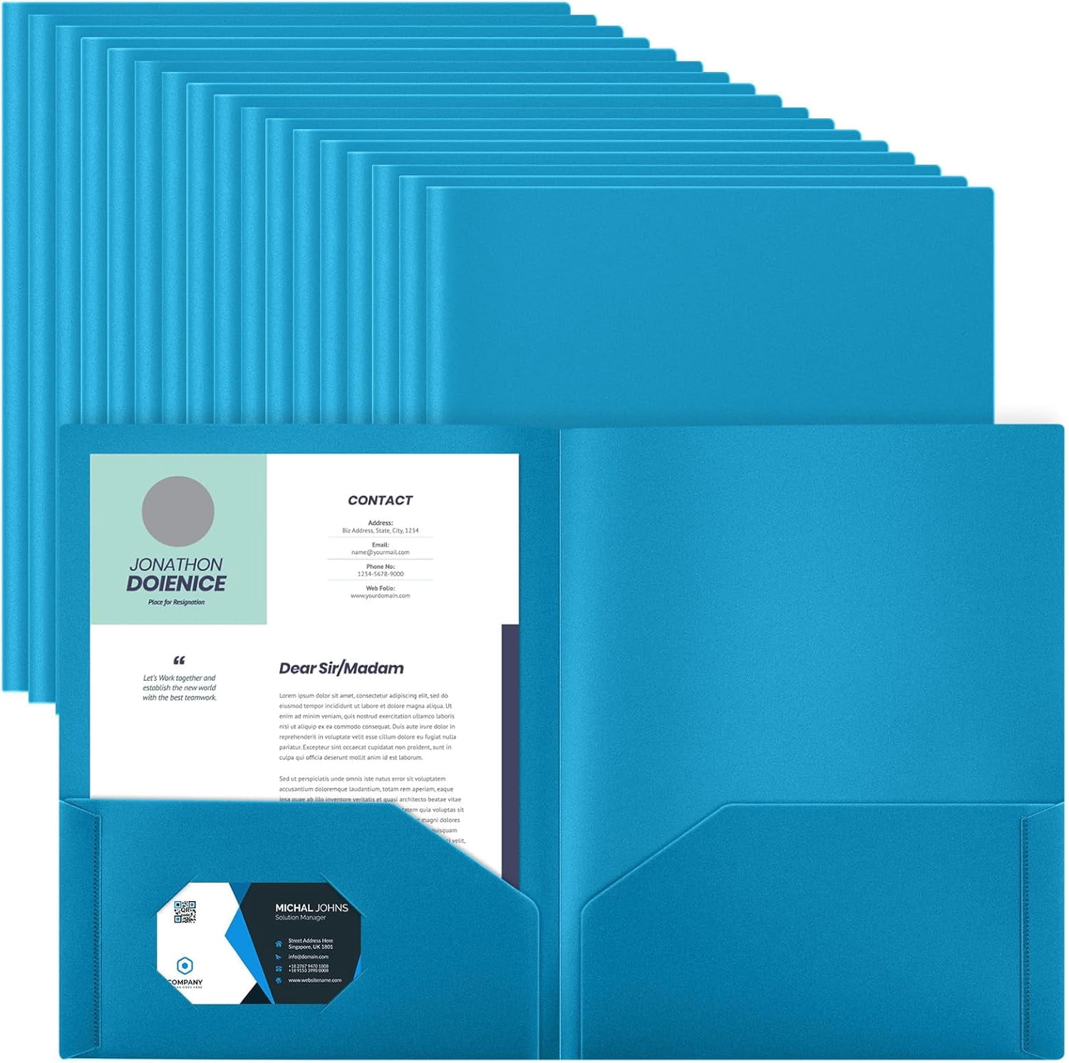 Heavy Duty Two Pocket Plastic Folders with Pockets, Letter Size School Office Folders, 11.61 x 9.45 Inches, Business Card Holder, Blue, 50 Pack