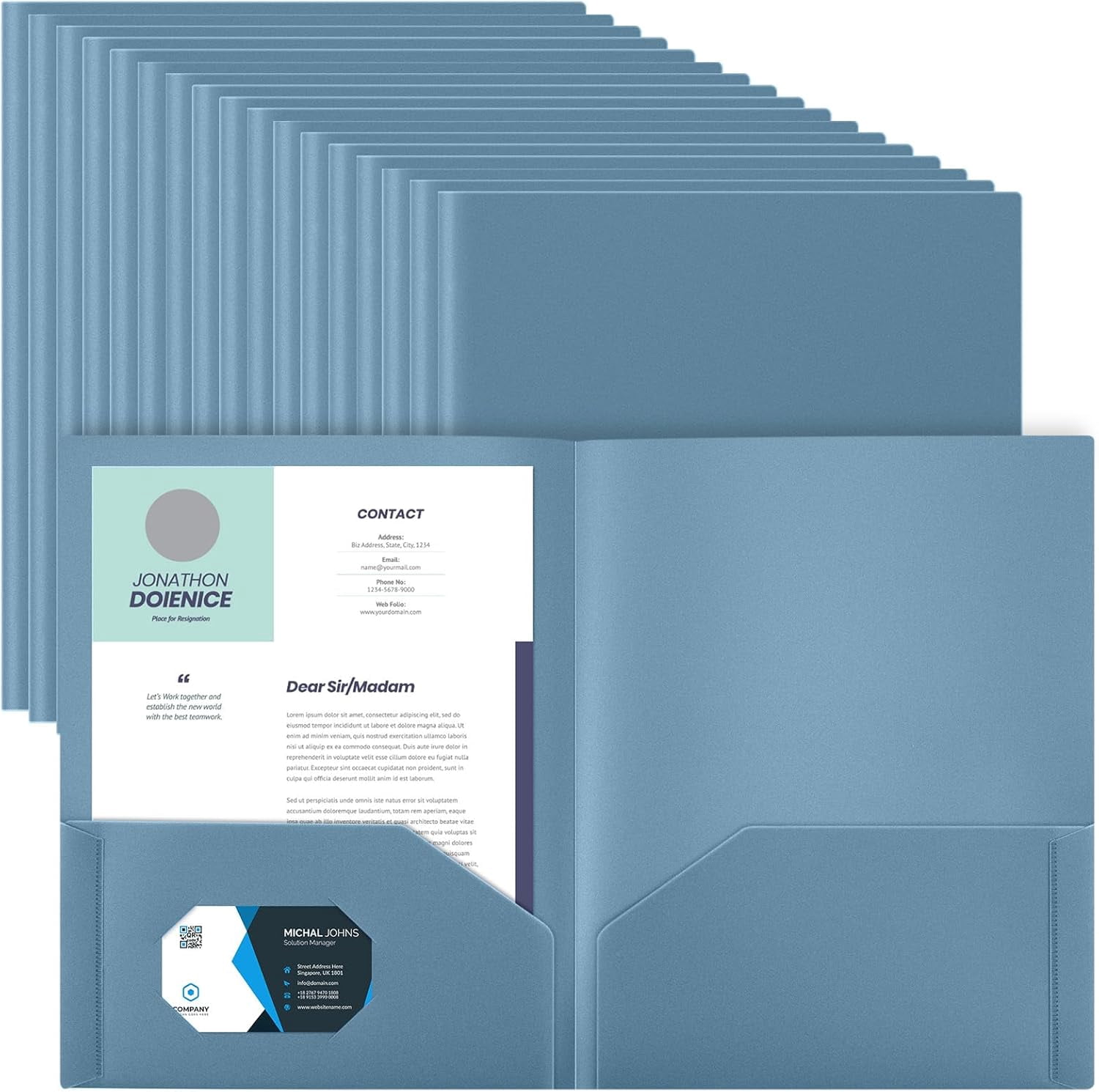 Heavy Duty Two Pocket Plastic Folders with Pockets, Letter Size School Office Folders, 11.61 x 9.45 Inches, Business Card Holder, Blue, 50 Pack