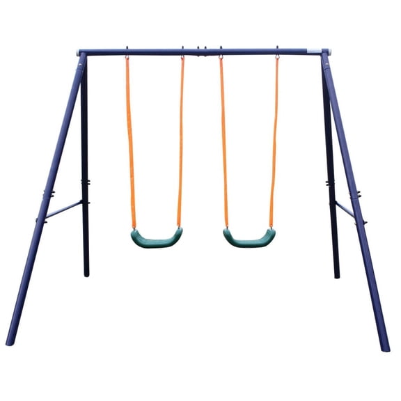 Heavy Duty Two Station Swing Set for Children, Blue Metal Frame with A-Frame Construction, Weather-Resistant Bench Swing for Ages 3-8