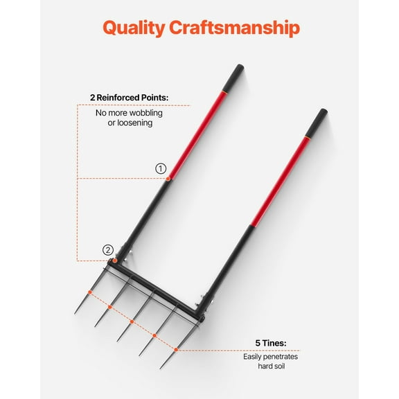Heavy Duty U-Shaped Garden Fork, 5-Tine Spading Pitch Fork for Efficient Soil Turning