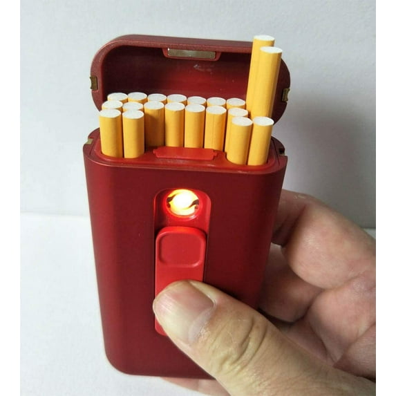 Heavy Duty USB Rechargeable Windproof Electric Built-in Flame-Less Lighter Cigarette Storage Case for 100s- RED COLOR (for 20 Slim Cigarettes OR 8 Regular Cigarettes)