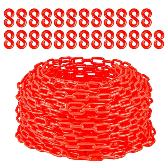 Heavy-Duty UV Resistant Safety Chain 120FT 6mm Thick Plastic Barrier with 1.5" Links 25 Hooks Red