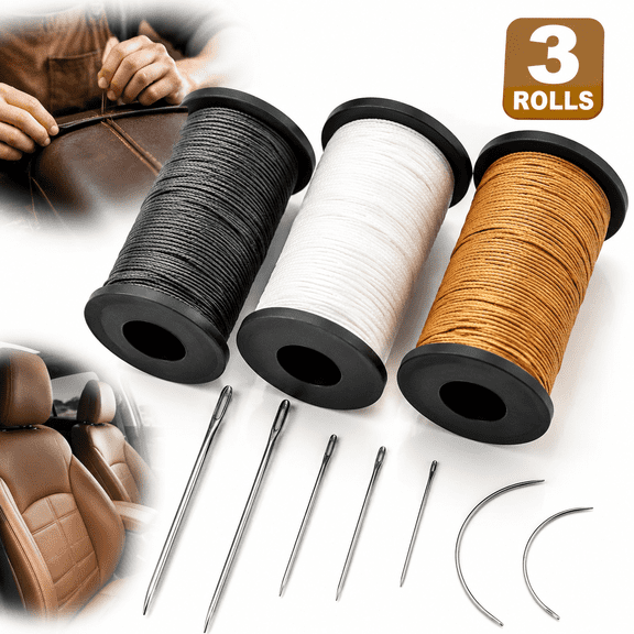 Heavy Duty Upholstery Repair Thread & Needles Kit  Including 7 Styles of Leather Canvas Sewing Needles and 3 Rolls Nylon Thread (70 Yard Per Roll) - Home Upholstery, Car Seats, Outdoor Gear Repair