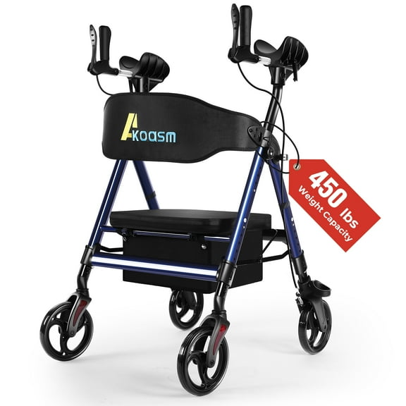 Heavy Duty Upright Walker, Rollator Walkers for Seniors, Foldable Stand Up Rolling Walker with Seat, Adjustable Padded Seat and Handle, Aluminum, All-Terrain Wheels, 450 Lb. Weight Capacity, Blue
