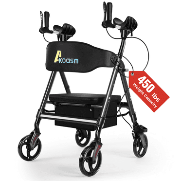Heavy Duty Upright Walker, Rollator Walkers for Seniors, Foldable Stand Up Rolling Walker with Seat, Adjustable Padded Seat and Handle, Aluminum, All-Terrain Wheels, 450 Lb. Weight Capacity, Blue
