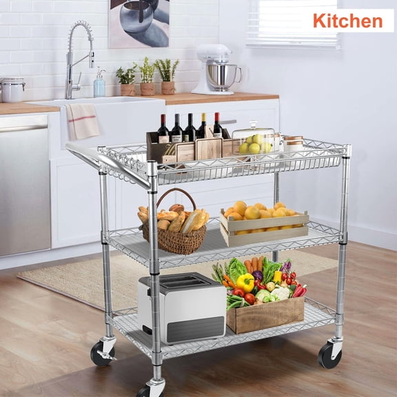 Heavy Duty Utility Cart, 990Lbs Capacity 3 Tier Rolling Carts with Wheels, Kitchen Cart on Wheels with Storage, Commercial Grade Metal Serving Carts with Wire Shelving & Handle Bar, Silver