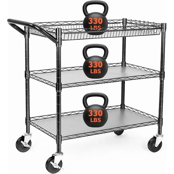 MY Heavy Duty Utility Cart, 990Lbs Capacity 3 Tier Rolling Carts with Wheels, Kitchen Cart on Wheels with Storage, Commercial Grade Metal Serving Carts with Wire Shelving &Handle Bar, Black