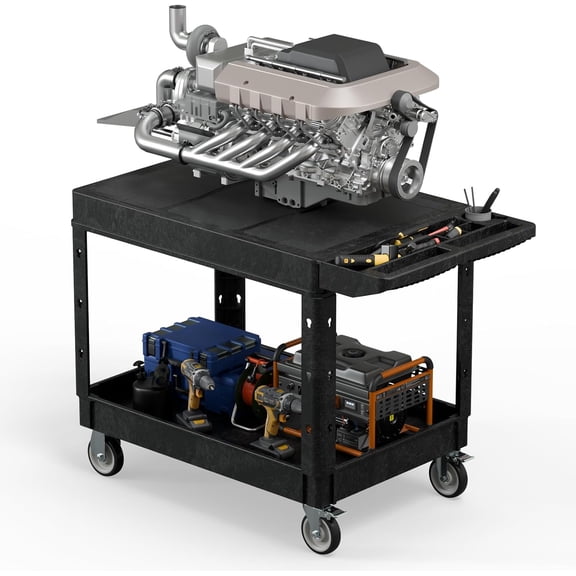 Heavy Duty Utility Rolling Tool Cart, 1000 lbs Capacity Flat Top Plastic Rolling Carts with 360°Swivel Wheels, 46 x 25 Inch Service Cart, 2 Shelf Work Cart for Warehouse,Garage, Cleaning, Black