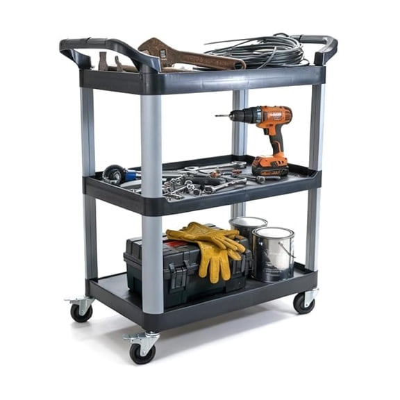 Heavy-Duty Utility Service Cart | 3 Shelf | | 450 Lbs Max Capacity | Rolling Utility Cart W 33" x H 37" x D 16" Black
