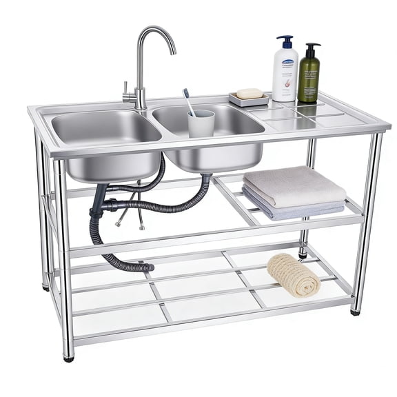 Heavy Duty Utility Sink with Hot & Cold Water Pipes, Commercial Sink, Stainless Steel Commercial Triple Bowl Basin for Supermarket & Food Storage Room
