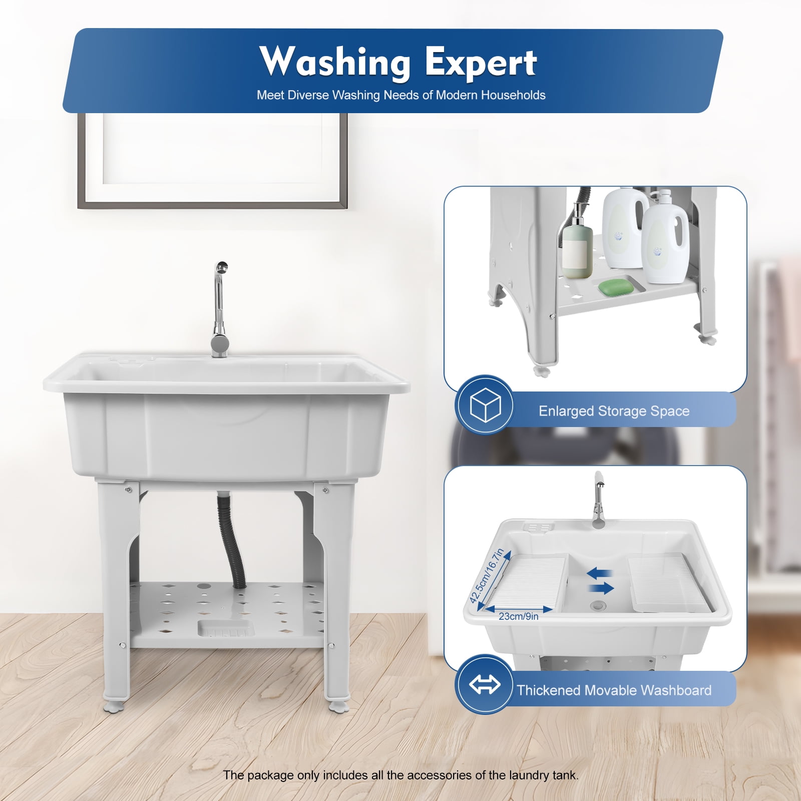 Heavy-Duty Utility Sink Laundry Tub Weather-resistant PP Basin with Removable Washboard and Storage Shelf