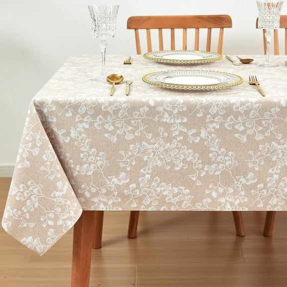 Heavy Duty Vinyl Oilcloth Tablecloth PVC Waterproof Plastic Wipeable Spillproof Peva Tablecloth for Spring Outdoor Camping Picnic Oblong 60x84 Inch Tan Flower