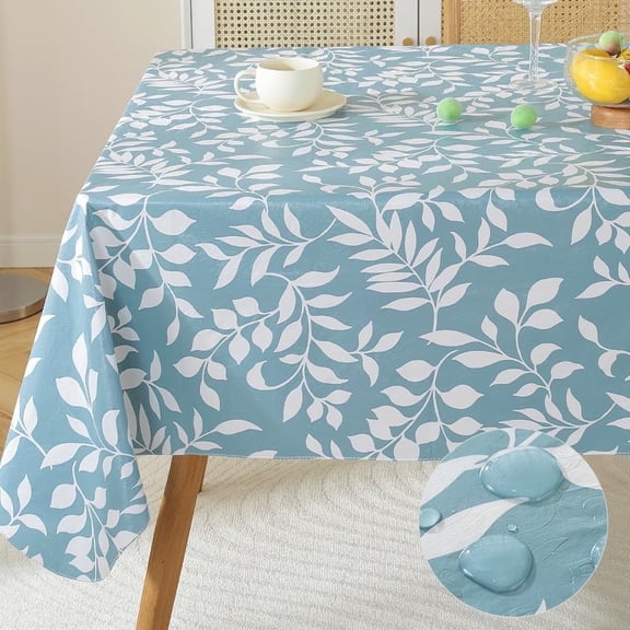 Heavy Duty Vinyl Tablecloth with Flannel Backed, Waterproof Oil-Proof Plastic Table Cloth, Wipeable Spill-Proof PVC Table Cover for Dinner Outdoor Picnic,(Blue Leaf, 52x70 Inch Rectangle)