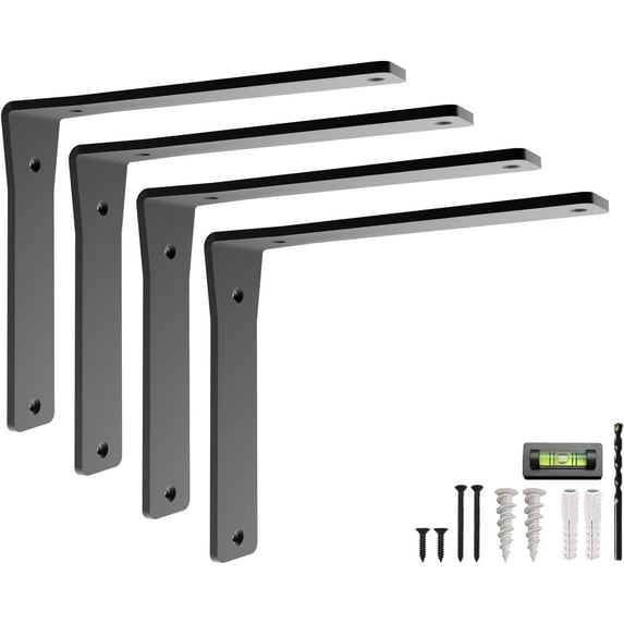 Heavy-Duty Viva L Mantel Shelf Brackets by Balin Designs (Black) DIY Brackets with Mounting Hardware for 10"- 12" Shelves, Ideal for Fireplace, Granite Countertops, Bookshelves (Set of 4)