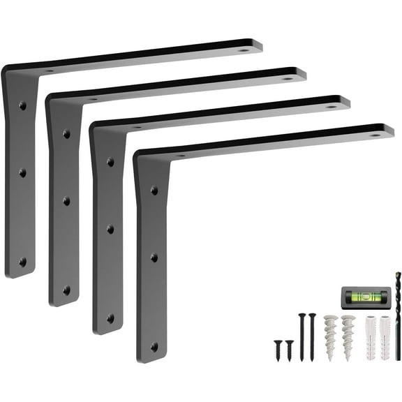 Heavy-Duty Viva L Mantel Shelf Brackets by Balin Designs (Black) DIY Brackets with Mounting Hardware for 12"-14" Shelves, Ideal for Fireplace, Granite Countertops, Bookshelves (Set of 4)