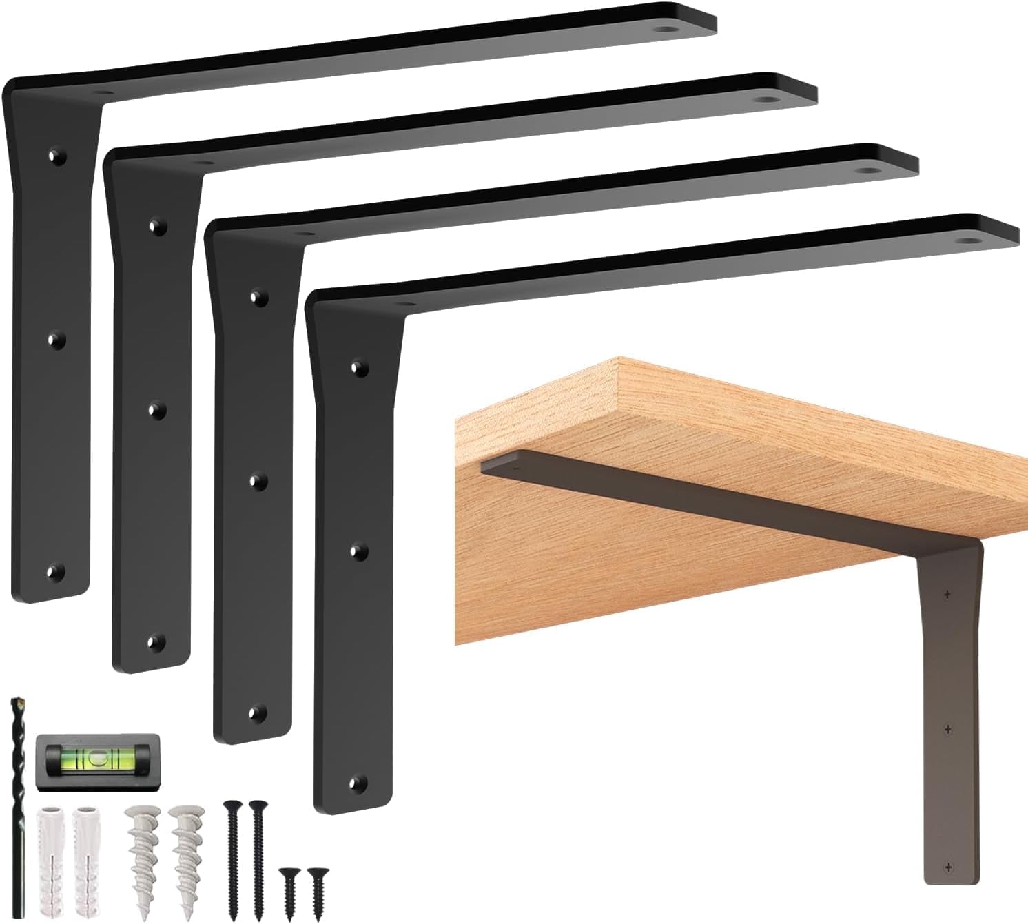 Heavy-Duty Viva L Mantel Shelf Brackets by Balin Designs (Black) DIY Brackets with Mounting Hardware for 16", 18" and 20" Shelves, Ideal for Fireplace, Granite Countertops, Bookshelves (Set of 4)