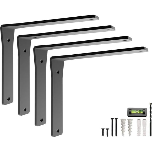 Heavy-Duty Viva L Mantel Shelf Brackets by Balin Designs (Black) DIY Brackets with Mounting Hardware for 6"- 8" Shelves, Ideal for Fireplace, Granite Countertops, Bookshelves (Set of 4)