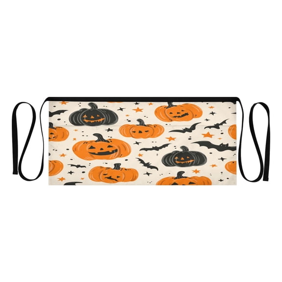 Heavy Duty Waist Apron with 3 Pockets Water Resistant Commercial Grade for Waiters, Servers, Bartenders, Chefs, Gardeners, and Home Use Cartoon Halloween Pumpkins and Bats
