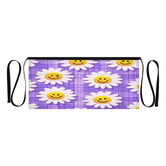 Heavy Duty Waist Apron with 3 Pockets Water Resistant Commercial Grade for Waiters, Servers, Bartenders, Chefs, Gardeners, and Home Use Cute Smiling Daisies on Purple