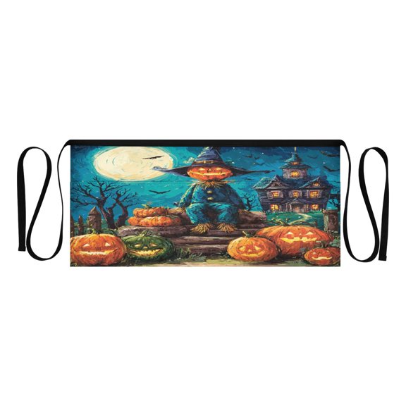Heavy Duty Waist Apron with 3 Pockets Water Resistant Commercial Grade for Waiters, Servers, Bartenders, Chefs, Gardeners, and Home Use Halloween Pumpkin and Scarecrow