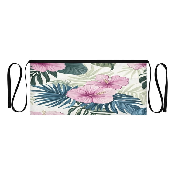 Heavy Duty Waist Apron with 3 Pockets Water Resistant Commercial Grade for Waiters, Servers, Bartenders, Chefs, Gardeners, and Home Use Pink Hibiscus with Leaves