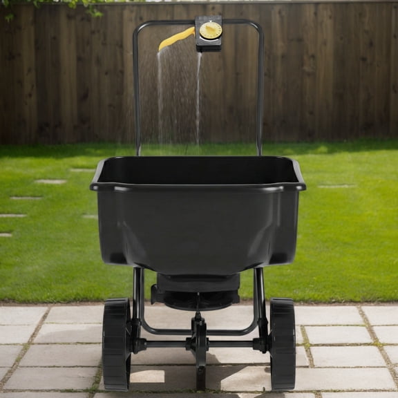 Heavy Duty Walk-Behind Broadcast Spreader, 70LBS Large Capacity with 15-Speed Adjustable Knob, 8 Inch All-Terrain Pneumatic Tire, Hopper Grate Design for Seed Fertilizer Ice Melt Distribution