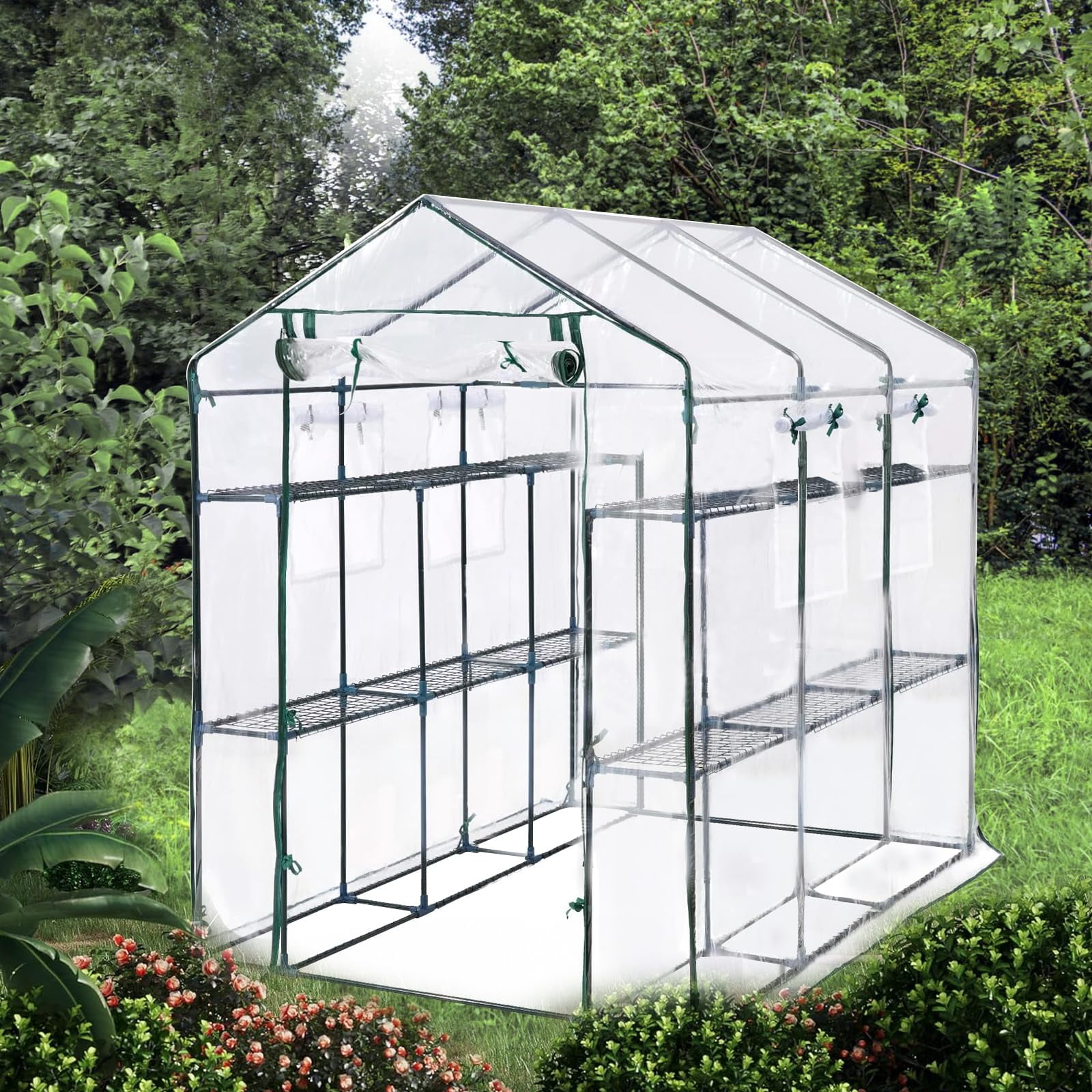 Heavy Duty Walk-In Greenhouse – 56" x 85" x 76" Portable 8-Shelf PE Plant Tent with Mesh Vent Windows, UV Protection, Weatherproof – appropriate for Backyard Garden – Transparent