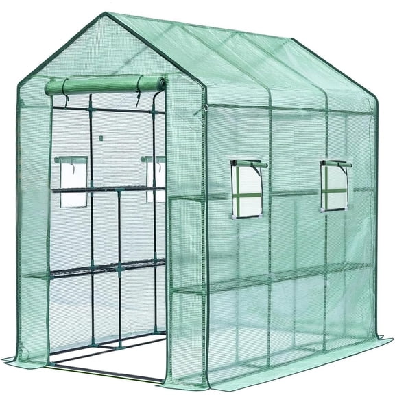 Heavy Duty Walk-In Greenhouse Kit 85"x56"x77" – Transparent Weatherproof PE Cover with 8 Shelves & Mesh Windows, Portable Indoor Outdoor Plant Greenhouse for Gardening, Seed Starting,Green