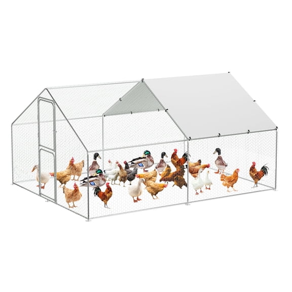 Heavy-Duty Walk-In Metal Chicken Coop for Backyard Poultry – Dual Lockable Doors, Galvanized Steel Frame, Waterproof UV-Resistant Cover, Spire Roof Hen House, 9.8' W x 13.1' D x 6.6' H