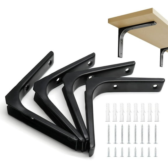 Heavy Duty Wall Bracket Fixer 4 Pack,Strong&Durable Shelf Brackets,Black L-Shaped Right Triangular Brackets,Decorative Household Bearing Support,Wall Mounted Shelf Brackets with Screws
