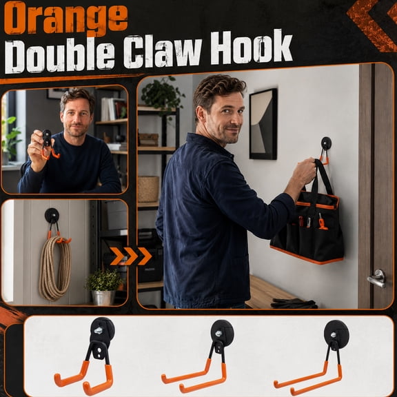 Heavy Duty Wall Hook, Garage Hooks Heavy Duty, Tool Hangers for Garage Wall, Garage Tool Organizer Wall Mount, 5X4.5X2.5 Inch Orange Double Prong J Hook for Hanging Ladders,