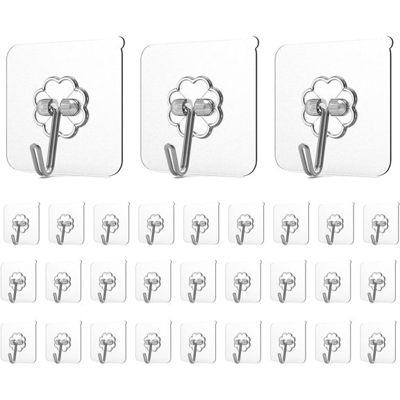 Heavy Duty Wall Hooks, 30 Pack Transparent Stainless Steel & PVC Hooks, 22lb Max Capacity, Easy Install & Remove, Thickened Version