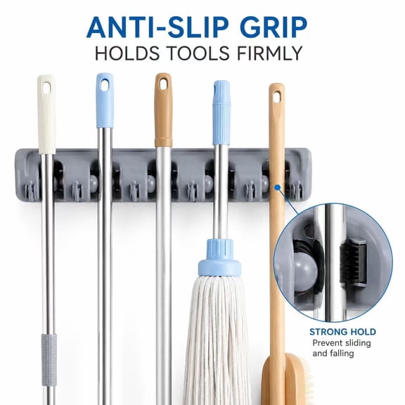PLERISE Heavy Duty Wall Mount Broom and Mop Holder, Rectangular Tool Organizer with Hooks and Slots for Garage Garden Laundry Kitchen, Gray