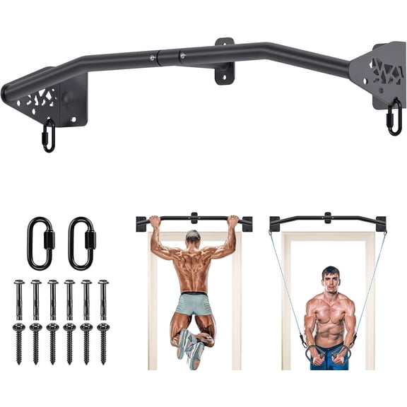 Heavy Duty Wall Mount Pull Up Bar, Joist Mount Chin Up Bar for Doorway, Sturdy Steel Construction, w/Resistance Band Hooks, Fits 32"/36" Wall Studs for Gym Strength