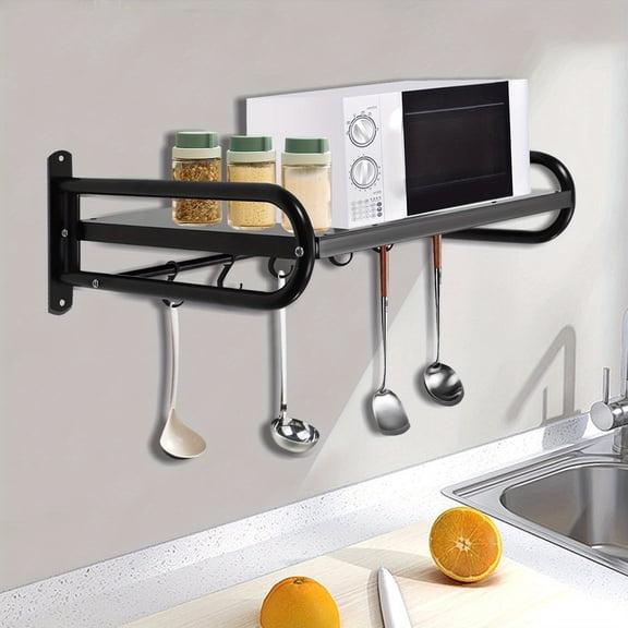 Heavy Duty Wall Mount Shelf - 66LB Capacity 19x15" Kitchen Organizer with 6 Hooks, Carbon Steel Space Saving Design for Ovens Spices Utensils Black Finish