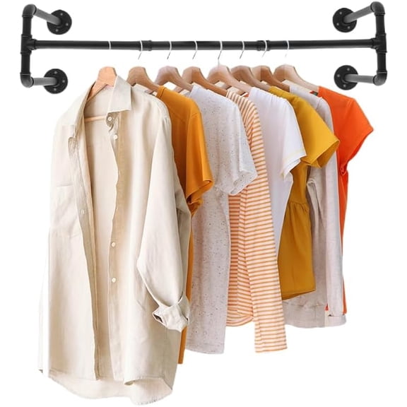 Heavy Duty Wall Mounted Closet Rod, 39.37in Industrial Black Iron Garment Rack, 176.37lbs Load Capacity, Space-Saving Multi-Purpose Hanging Bar for Closet & Laundry Room Storage (4 Bases Included)