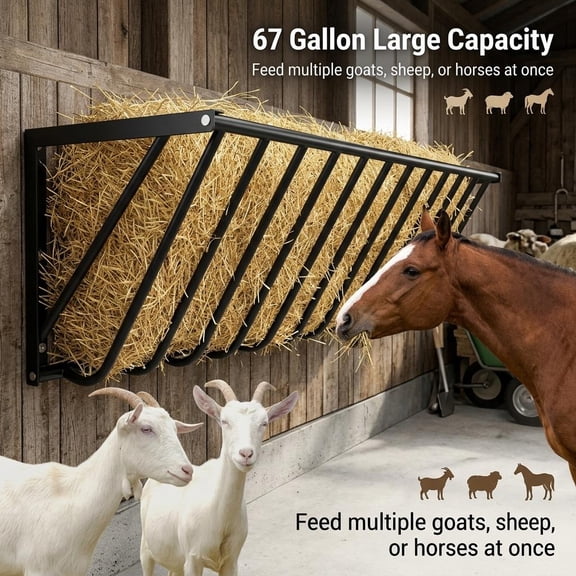Heavy Duty Wall Mounted Horse Hay Holder, Hay Feeder with 67 Gallon Large Capacity, Multiple Sided Feeding Rack, Steel Hay Rack for Farm Cow & Calves