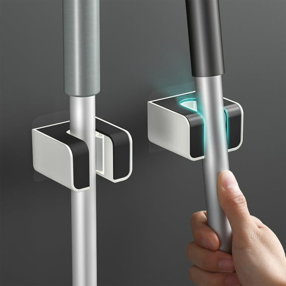 Heavy Duty Wall Mounted Mop Holder | Punch-Free Adhesive Broom Clip for Bathroom & Kitchen | Strong Load-Bearing Shower Storage Organizer | Gray or Black ABS Plastic