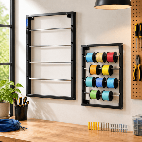 Heavy Duty Wall Mounted Wire Spool Rack, 26" W × 36.42" H × 6.1" D, Adjustable Rods for Spool Storage