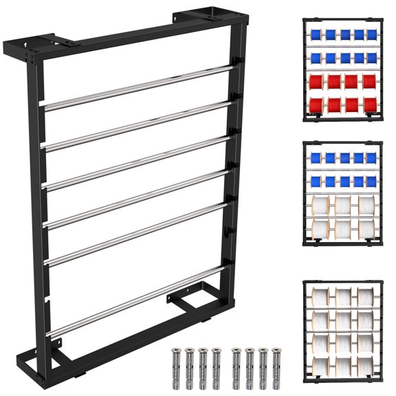Heavy Duty Wall-Mounted Wire Spool Rack for Electrical Wire Storage, 6 Adjustable Rods Cold-Rolled Steel Cable Caddy, Romex Wire Dispenser & Spool Holder for Industrial Garage Workshop