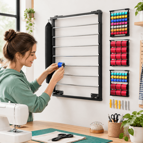 Heavy Duty Wall-Mounted Wire Spool Rack with 7 Adjustable Stainless Steel Rods