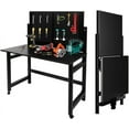 thumbnail image 1 of Heavy Duty Wall-Mounted Workbench, Steel Foldable Tool Storage Workbench with Pegboard & Wheels, 5 Hanging Accessories, 120 Lbs Load Capacity Work Table for Garage Warehouse Workshop, Black, 1 of 8
